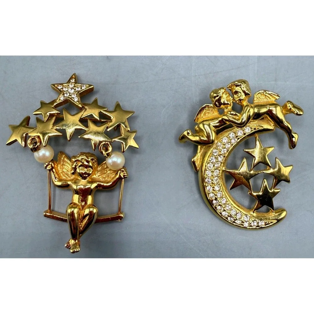 Vintage Gold Tone Cherub Brooch Set Celestial Moon Stars Faux Pearl Rhinestone